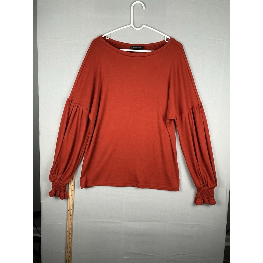 MEROKEETY Womens Size L Rust Orange Long Sleeve Blouse Smocked Cuff Casual Top
